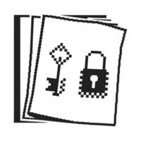retro digital security icons pixelated key and padlock vintage technology, computer safety symbolism vector