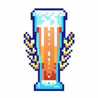 Pixelated beer mug with frothy head and wheat retro game digital art, isolated tile vector