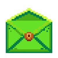 Retro pixel green envelope icon with clasp, vintage digital mail concept vector