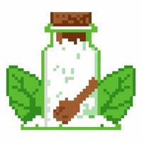 Pixel art potion bottle with cork, surrounded by green leaves in retro gaming vector