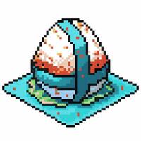 Pixel art sushi design with fish roe retro gaming style, colorful seafood creation on plate vector