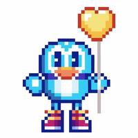 pixelated blue penguin holding heart flag, retro game character with colorful shoes vector