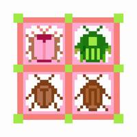 Pixel art grid of colorful insects with retro in pink squares vector