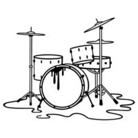 drum kit with melting design unique dripping effect, black and white illustration of musical instruments vector