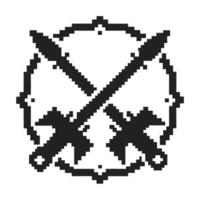 pixel art sword and shield emblem, monochrome retro gaming symbol, vintage 8 bit design vector