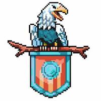 Pixelated eagle on branch with shield emblem retro gaming art with bird and armor motif vector