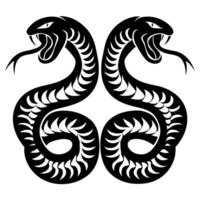 Symmetrical twin serpents motif, black intricate design, coiled snake emblem, menacing dual reptiles vector