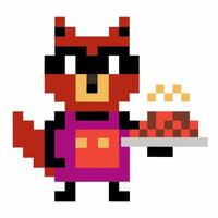Pixel art fox chef serving pizza with steam in retro design vector