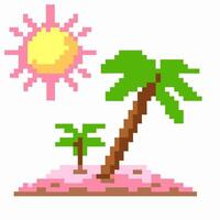 Pixel art tropical island with palm trees and sun in retro game vector