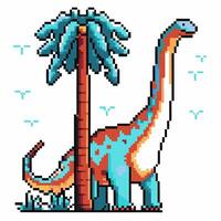 Retro pixel art dinosaur with palm tree nostalgic gaming icon in vibrant colors vector