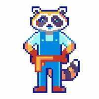 pixel art raccoon in overalls with tool belt retro game illustration, animal character design vector