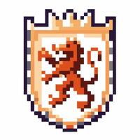 Pixel art medieval shield with lion emblem retro 8 bit game design, heraldry symbol with crown detail vector
