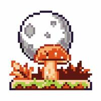 Pixel art mushroom and moon scene retro gaming aesthetic with stylized elements, 8 bit nature landscape vector