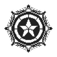 Pixel art star emblem geometric mandala design with monochrome patterns and borders vector