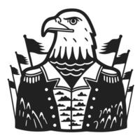 Eagle commander in uniform, flags in black and white emblem vector