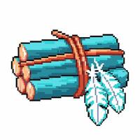 Pixel art wood logs tied with rope and decorated with feathers, retro digital illustration vector