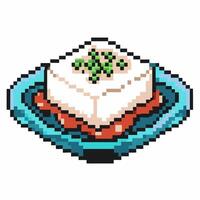 Pixel art tofu dish with garnish on a blue plate, digital food illustration vector