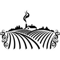 rustic farmhouse with smoke, surrounded by scenic fields and ornate swirls in black and white design vector