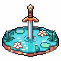 pixel art sword in magical stone pond retro fantasy scene with water lily pads and mystical nature vector
