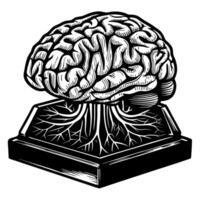 intricate brain illustration with roots on geometric base symbol of knowledge, thought, growth in black and white art vector