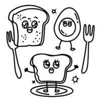Smiling toast and egg with forks, whimsical breakfast characters vector