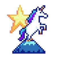 pixel unicorn on hill with shining star retro 8 bit style, fantasy digital art vector