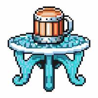 pixel art beer mug on vintage blue table retro gaming style, nostalgic 8 bit design for digital art and decor vector
