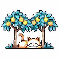 pixel cat relaxing under lemon trees cute digital art, summer fun concept, pixelated nature scene vector