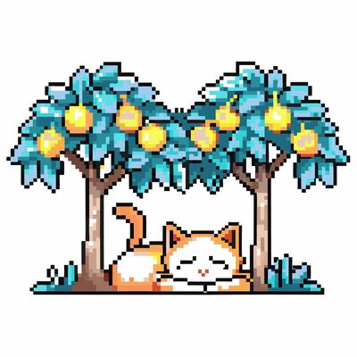 pixel cat relaxing under lemon trees cute digital art, summer fun concept, pixelated nature scene