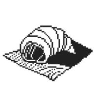 Pixelated sleeping bag on textured surface, retro gaming monochrome black and white digital art vector