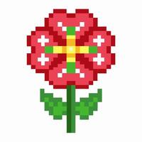 Pixel art flower with red petals and green stem geometric design, cross pattern, classic digital graphics vector