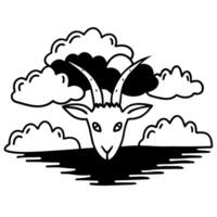 stylized goat over clouds, surreal illustration whimsical nature scene, black and white art vector