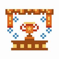 Pixelated trophy on podium with star emblem and geometric patterns vector