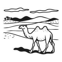 desert landscape with camel, dunes and palms under cloudy sky monochrome illustration of middle eastern scenery vector