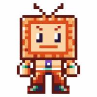 Pixel art character with television head and determined expression retro game style, blocky, colorful design vector
