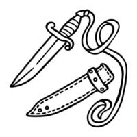 Outline of a dagger and sheath with rope sharp edge, weapon design, black and white vector