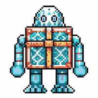 Pixel art robot with ice theme, gift box design futuristic robotic character, digital illustration vector