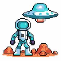Pixel art alien encounter astronaut and ufo on mars vector