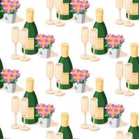Seamless pattern with isometric champagne bottle with two glasses and pink flowers in bucket. Illustration. Objects isolated on white background. Elements for greeting cards. Valentine's day. vector