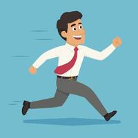 Energetic cartoon businessman running in office attire on blue background with motion lines and red tie. Speed, motivation, and urgency. vector