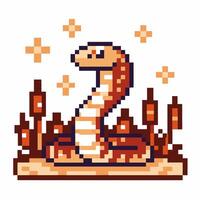Pixel art snake in retro with sparkling stars and cattails vector
