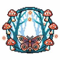 retro pixel art butterfly and mushrooms in enchanted forest digital fantasy nature scene vector
