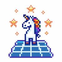 Pixel unicorn on blue platform with shining stars retro digital art, vibrant colors, mythical creature vector