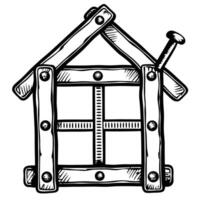 abstract wooden house structure, simple construction with nails and planks, monochrome hand drawn vector