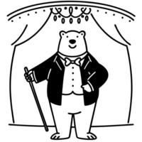 bear in tuxedo with cane on stage, performing with curtains and chandelier backdrop vector
