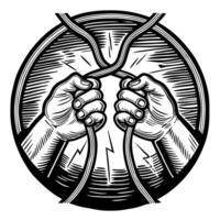 retro hands gripping intertwined cables, monochrome illustration power, strength, unity concept vector