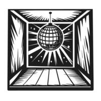 disco ball in wooden box retro party atmosphere, shining mirror sphere reflecting light creating vintage dance vibes vector