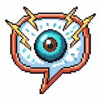 Pixelated eye in speech bubble with lightning bolts retro digital communication vector