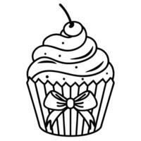outlined cupcake with cherry on top, decorative bow black and white dessert illustration for coloring vector