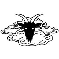 Stylized goat head surrounded by swirling clouds design, bold black and white illustration vector